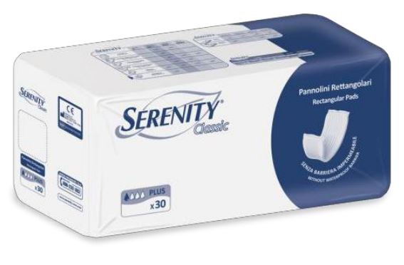 PANNOLONE PER INCONTINENZA RETTANGOLARE SENZA BARRIERA IMPERMEABILE SERENITY CLASSIC 30 PEZZI - Gruppofarmastore.it