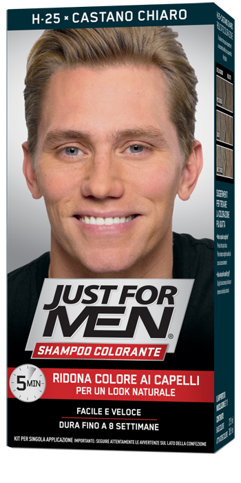 JUST FOR MEN SHAMPOO COLORANTE H25 CASTANO CHIARO ATTIVATORE CHIARO 38,5 ML + BASE COLORE 27,5 ML - Gruppofarmastore.it