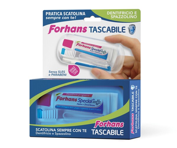 FORHANS TRAVEL KIT TASCABILE COMPOSTO DA SPAZZOLINO DA VIAGGIO + FORHANS SPECIAL PASTA DENTIFRICIA TUBETTO 12,5 ML - Gruppofarmastore.it