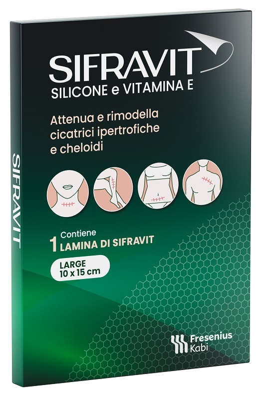 PLACCA IN SILICONE E VITAMINA E SIFRAVIT DIMENSIONI 15X10CM. INDICATA NEL TRATTAMENTO DI CHELOIDI E CICATRICI IPERTROFICHE CONSEGUENTI AD INTERVENTI C HIRURGICI, USTIONI, E FERITE - Gruppofarmastore.it