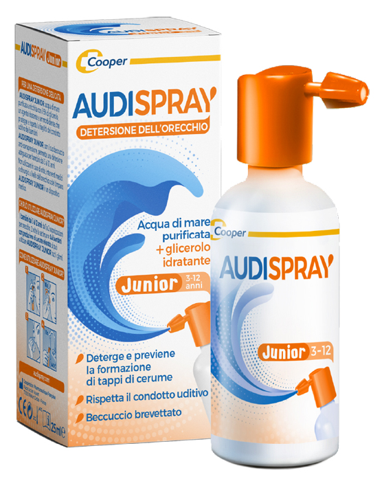 AUDISPRAY JUNIOR 3-12 ANNI SOLUZIONE DI ACQUA DI MARE IPERTONICA SPRAY SENZA GAS IGIENE ORECCHIO 25ML - Gruppofarmastore.it