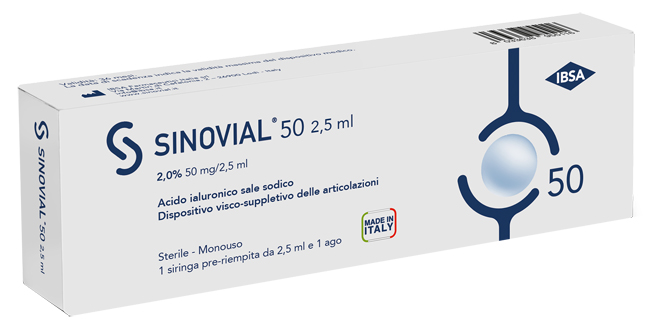 SIRINGA INTRA-ARTICOLARE SINOVIAL 50 ACIDO IALURONICO SALE SODICO 2% 50MG/2,5ML 2,5ML + AGO 21 GAUGE - Gruppofarmastore.it