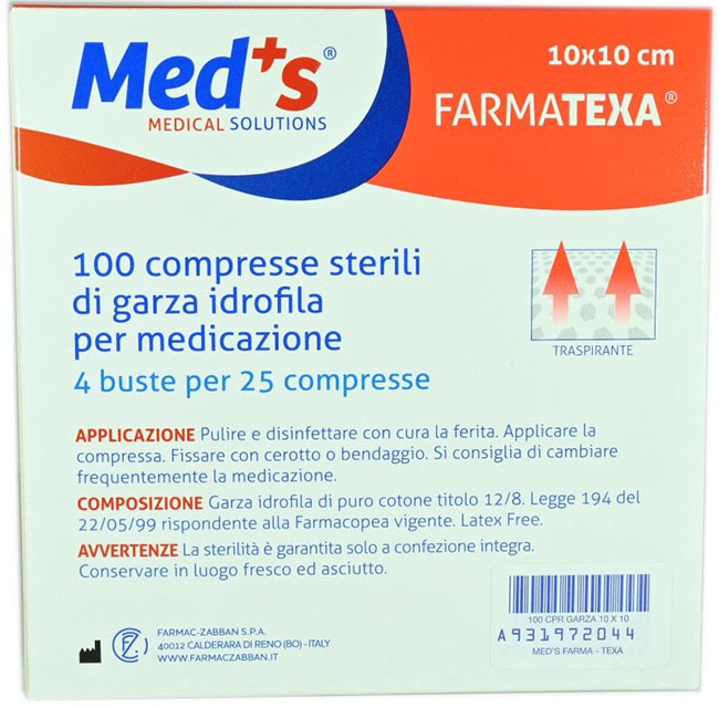 GARZA COMPRESSA IDROFILA MEDS FARMATEXA 2/8 10X10CM 100 PEZZI - Gruppofarmastore.it