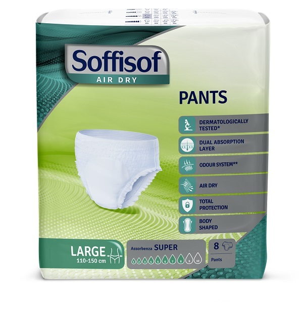 PANNOLONE SOFFISOF AIR DRY PANTS LARGE 110-150CM ASSORBENZA SUPER 8 PEZZI - Gruppofarmastore.it