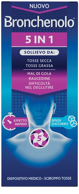 BRONCHENOLO 5 IN 1 SCIROPPO TOSSE 120 ML SENZA ZUCCHERO, ALCOL, LATTOSIO, GLUTINE, COLORANTI ARTIFICIALI E OGM - Gruppofarmastore.it