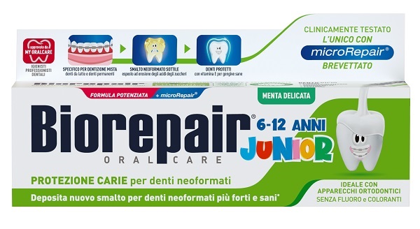 BIOREPAIR ORAL CARE JUNIOR 6-12 ANNI DENTIFRICIO PROTEZIONE ANTI CARIE SMALTO NEOFORMATO ALLA MENTA DELICATA 75 ML - Gruppofarmastore.it