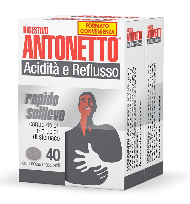 DIGESTIVO ANTONETTO ACIDITA' E REFLUSSO 80 COMPRESSE MASTICABILI 2 ASTUCCI DA 40 COMPRESSE - Gruppofarmastore.it