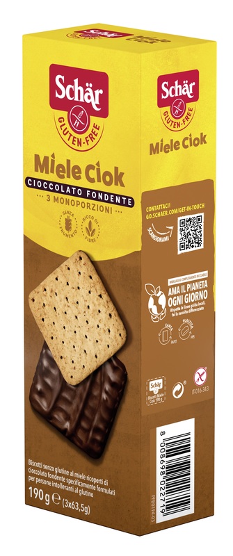 SCHAR MIELE CIOK BISCOTTI AL MIELE RICOPERTI DI CIOCCOLATO FONDENTE 3 PORZIONI DA 63,5 G - Gruppofarmastore.it