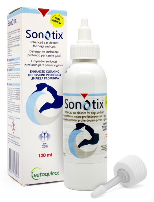 SONOTIX DETERGENTE AURICOLARE PROFONDO CANI E GATTI 120 ML + CANNULA CORTA RIGIDA + CANNULA LUNGA FLESSIBILE - Gruppofarmastore.it