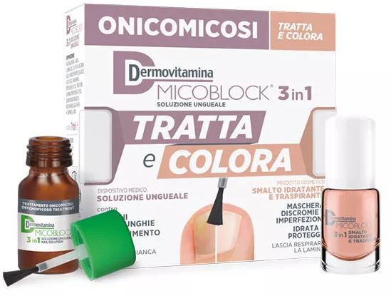 DERMOVITAMINA MICOBLOCK 3 IN 1 TRATTA E COLORA SOLUZIONE UNGUEALE 7 ML + SMALTO IDRATANTE TRASPIRANTE 5 ML - Gruppofarmastore.it