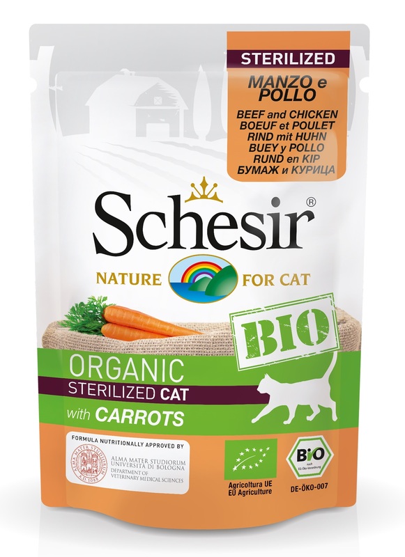 SCHESIR CAT BIO STERILIZED MANZO E POLLO CON CAROTE 85 G - Gruppofarmastore.it