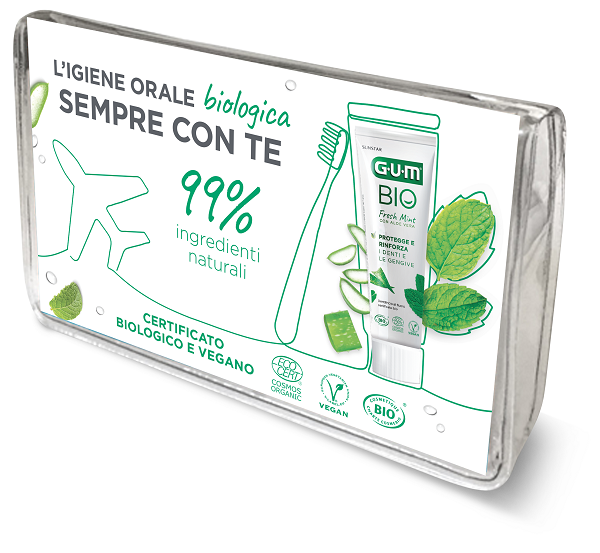 GUM TRAVEL KIT BIO 1 SPAZZOLINO + 1 DENTIFRICIO +  1 SCOVOLINO INTERDENTALE - Gruppofarmastore.it