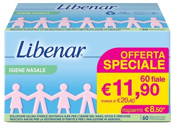 SOLUZIONE SALINA ISOTONICA 0,9% LIBENAR PER IGIENE NASALE 60 FLACONCINI MONOUSO X 5 ML - Gruppofarmastore.it