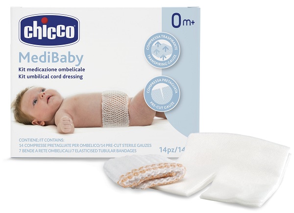 CHICCO KIT MEDICAZIONE OMBELICALE BENDA A RETE ELASTICA CALIBRO 6 + COMPRESSE IN TNT STERILI 10X10 CM 4 PEZZI - Gruppofarmastore.it