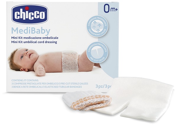 CHICCO MINI KIT MEDICAZIONE OMBELICALE BENDA A RETE ELASTICA CALIBRO 6 + COMPRESSE IN TNT STERILI 10X10 CM 4 PEZZI - Gruppofarmastore.it