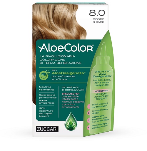 ALOECOLOR 8,0 BIONDO CHIARO TINTA PERMANENTE CAPELLI COLORE AD ALTA PIGMENTAZIONE 50 ML + RIVELATORE ALOEOSSIGENATA 75 ML + SHAMPOO ALOECARE 15 ML + GUANTI - Gruppofarmastore.it