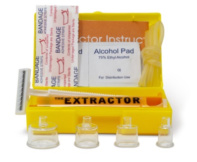 EXTRACTOR ESTRATTORE VELENO KIT 1 ESTRATTORE + 4 COPPETTE PLASTICA ASPIRA VELENO + CEROTTI + 1 RASOIO + 1 LACCIO EMOSTATICO + SALVIETTINE BASE ALCOLICA - Gruppofarmastore.it